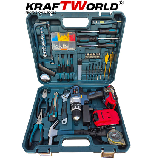 Акумулаторен Ударен Винтоверт KraftWorld с 2 Батерии + 111 Части Инструменти в Куфар