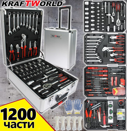 Куфар с инструменти 1200 части KraftWorld -ключове, тресчотка, клещи, отвертки
