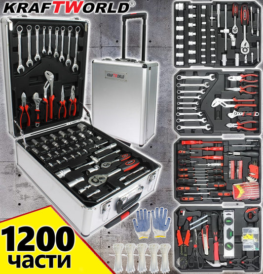 Куфар с инструменти 1200 части KraftWorld -ключове, тресчотка, клещи, отвертки