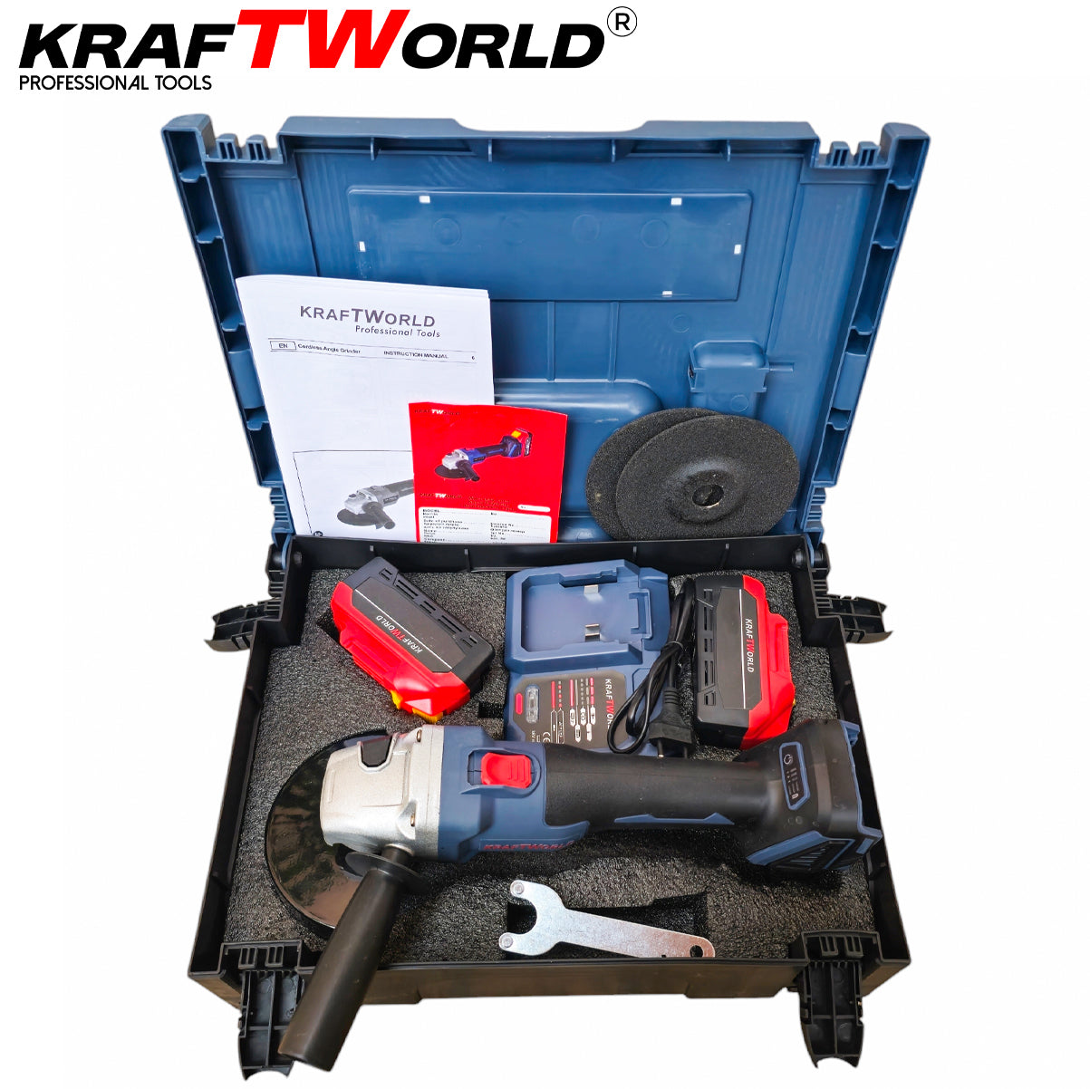 Акумулаторен Ъглошлайф 125мм Kraftworld с 2 Батерии в Куфар