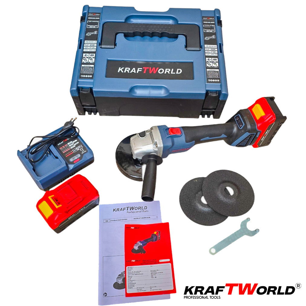 Акумулаторен Ъглошлайф 125мм Kraftworld с 2 Батерии в Куфар