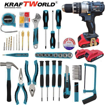 Акумулаторен Ударен Винтоверт KraftWorld с 2 Батерии + 111 Части Инструменти в Куфар