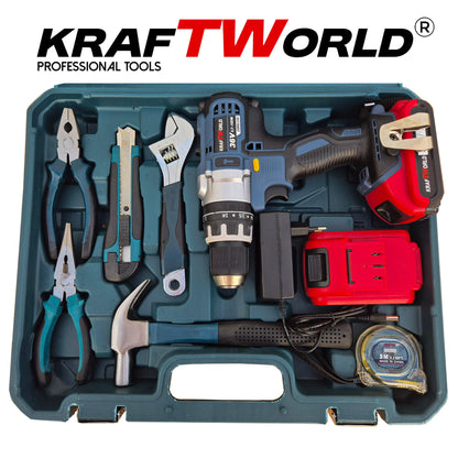 Акумулаторен Ударен Винтоверт KraftWorld с 2 Батерии + 111 Части Инструменти в Куфар