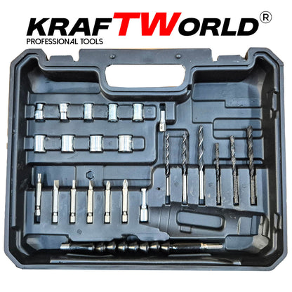 Мощен Акумулаторен Винтоверт KraftWorld с Удължение и Вложки